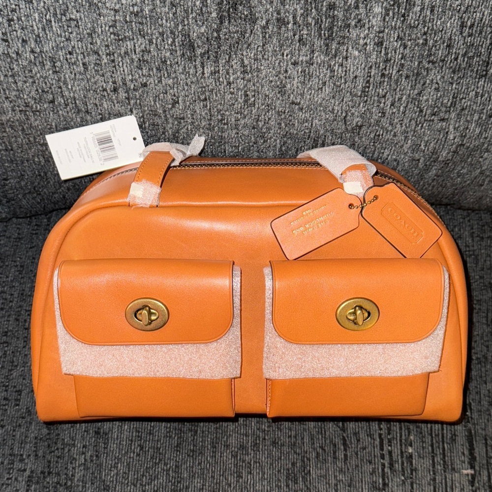 Coach Twin Turnlock Bag in Dark Brass/Toffee Orange Waxed Smooth Leather NWT